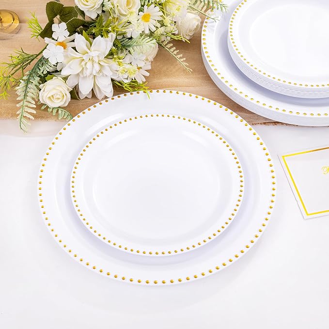Rubtlamp 60Pcs White Gold Plastic Plates White Disposable Plates With Gold Beaded Heavyduty Plastic Plates Include 30 Dessert Platos 30 Dinner Platos for Party