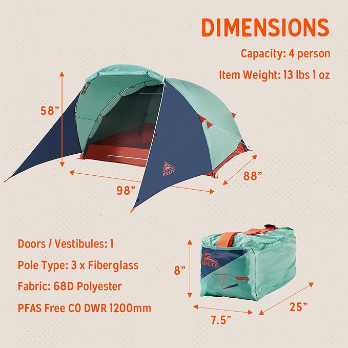 Kelty 4/6 Person Freestanding Rumpus Tent for Camping Car Camping Festivals and Family with Extra Large Vestibule