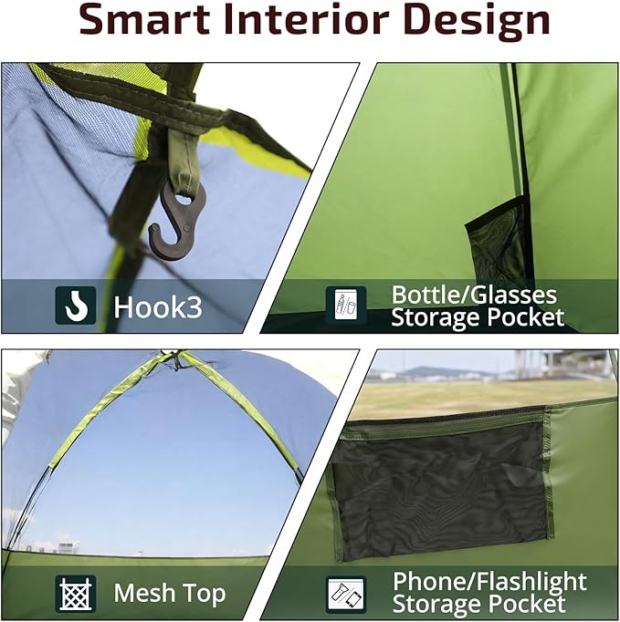 Golabs CT1 2 Person Camping Tent Easy Set Up in 3 Mins PU1500mm Waterproof w/Mesh Top &amp Door with Ventilation Lightweight 4.4lbs Portable Family Tent with Carry Bag &ampInterior Storage Pocket