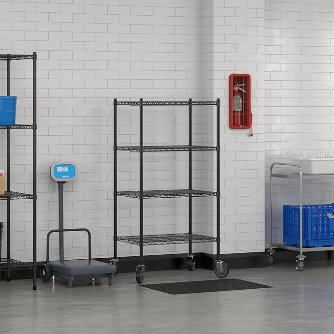 Commercial NSF Listed Black Epoxy Mobile Wire Shelving Kit 21 x 30 x 60 with 4 Shelves Perfect for Warehouse Walk-in Refrigerator Freezer Grocery Store Restaurant Dishroom