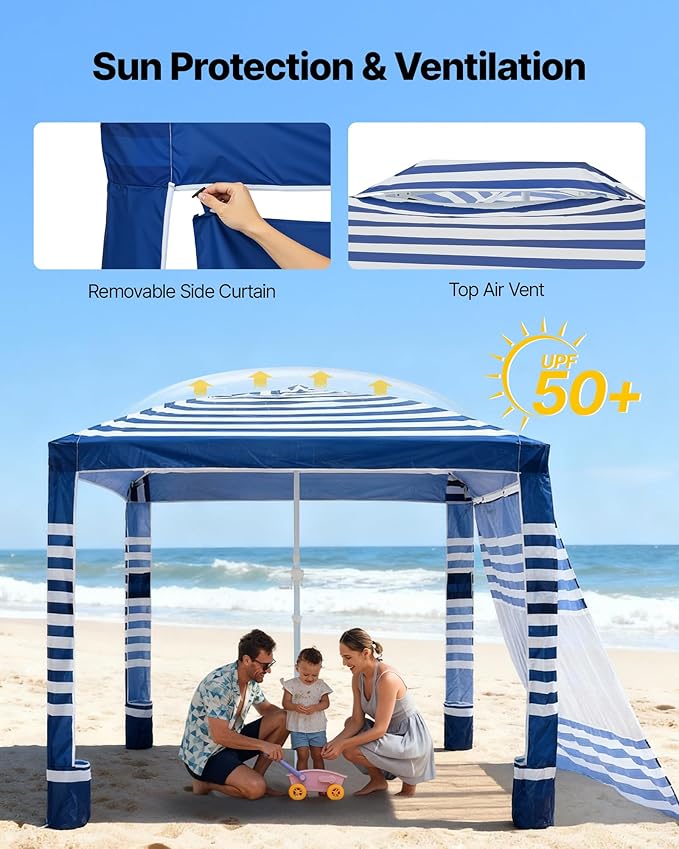 VEVOR Beach Cabana 8 x 8 ft Beach Canopy with Side Wall UPF 50+ Protection Easy Setup Cabana Tent with Sand Pockets Adjustable Height Portable Shade Sun Shelter Umbrella for Family Navy Stripes