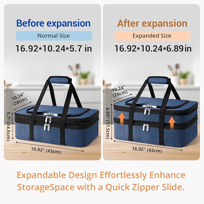 Insulated Double Casserole Carrier - Portable Casserole Carriers for Hot or Cold Food Lunch Tote Warmer or Cooler Bag for Potluck Parties Picnic Cookouts Fits 9 x 13 Baking Dish - Navy Blue