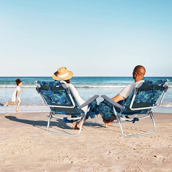 Tangkula Set of 2 Backpack Beach Chair 5-Position Lay Flat Beach Chairs with Cooler Bag 2 Cup Holders Towel Bar Lightweight Folding Beach Chair with Backpack Straps