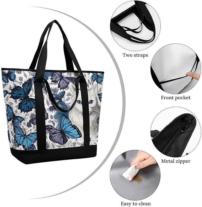 Insulated Shopping BagLarge Reusable Cooler Bags Blue Butterfly And White Cat Printed Foldable Shopping BagTravel Waterproof Shoulder Bag