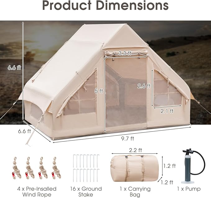 KOTEK Inflatable Camping Tent with Pump Easy Setup Air Glamping Tents for 4-6 Persons Inflatable Cabin Tent with Mesh Windows &amp Doors 4 Season Blow up Tent Portable with Carry Bag