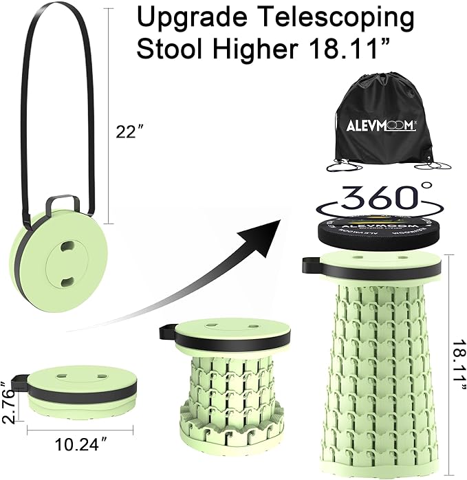ALEVMOOM Upgraded Collapsible Stool with Cushion &amp Bag 18 H Portable Retractable Telescoping Folding Stool for Adults Lightweight But Sturdy Capacity 600 lbs for Camping Fishing Hiking Travel