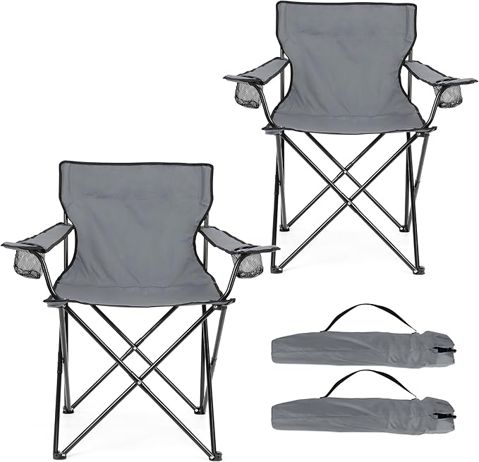 HaSteeL Camping Chair for Adults Folding Beach Chair Set of 2 Large Foldable Portable Chair for Outdoors Fishing Hiking Sporting Travel Picnic Lawn Hold 275lbs &amp A Storage Bags (Grey)