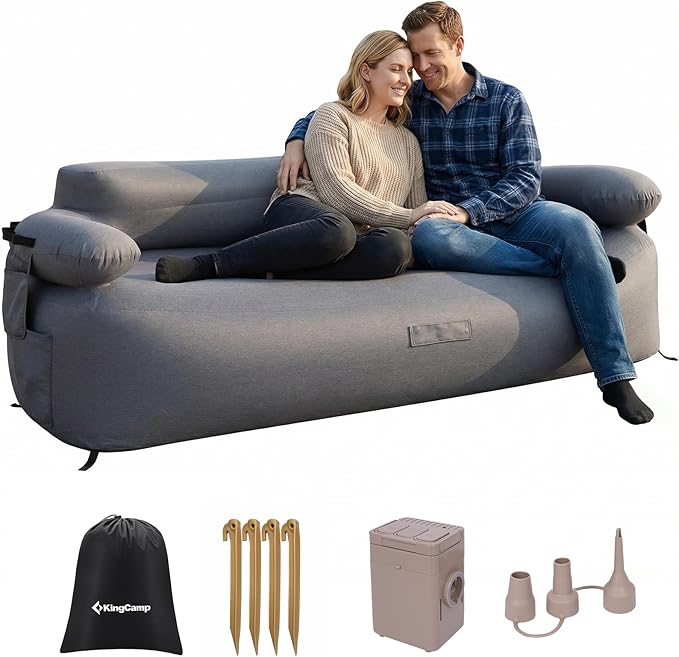 KingCamp Double Camping Inflatable Couch with Built-in Electric Pump 880LB Heavy Duty Outdoor Loveseat Air Sofa 600D Cationic Fabric Dual-Layer 2 Person Inflatable Sofa for Camp Backyard RV Patio