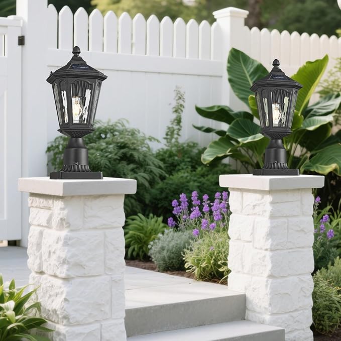 LED Post Solar Light Outdoor Dusk to Dawn Waterproof Pole Lighting with Remote Control Exterior Pillar Lantern 3 Lighting Modes Outside Solar Lamp for Patio Porch Garage Garden Pathway