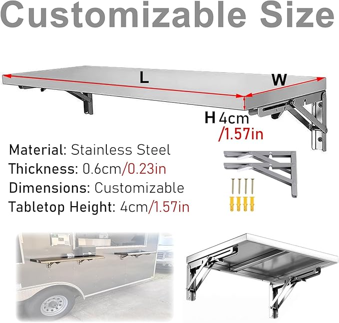 Foldable Food Truck Shelves Stainless Steel Wall Mounted Concession Shelf for Outdoor Use Trailer Countertop Extension Shelving for Porch and Prep