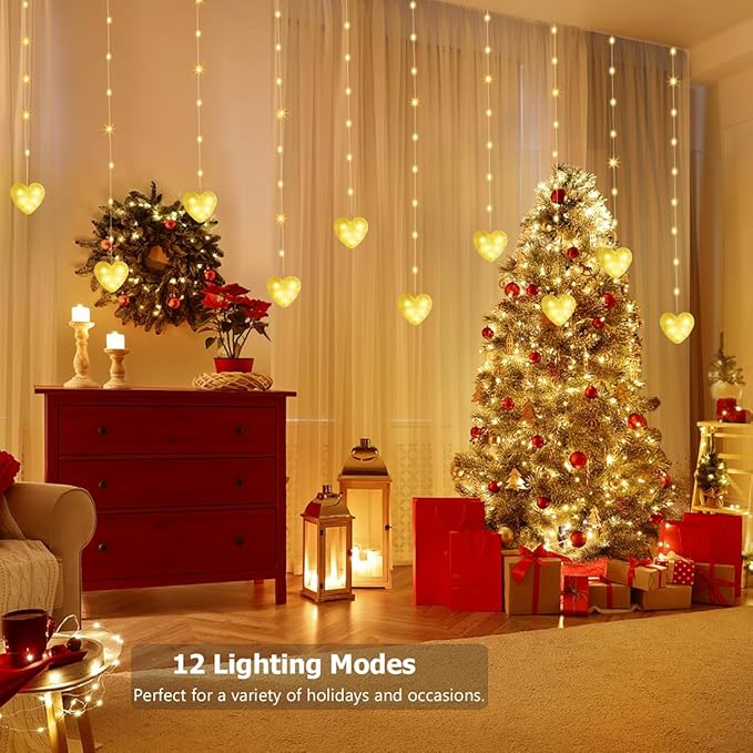 Heart Curtain Lights Battery Operated Valentines Day Decor 10ft x 3.3ft Warm White &amp Multicolor Twinkle Fairy String Lights Curtain Timer &amp IR Remote for Indoor Outdoor Christmas Decor