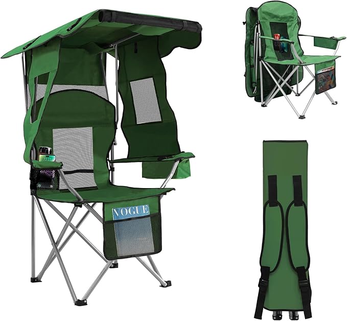 ptlsy Folding Camping Chair with Canopy Beach Chair with Canopy Shade with Cup Holders Cooler Bag for Camping Fishing Beach Sports and Concert (Green)