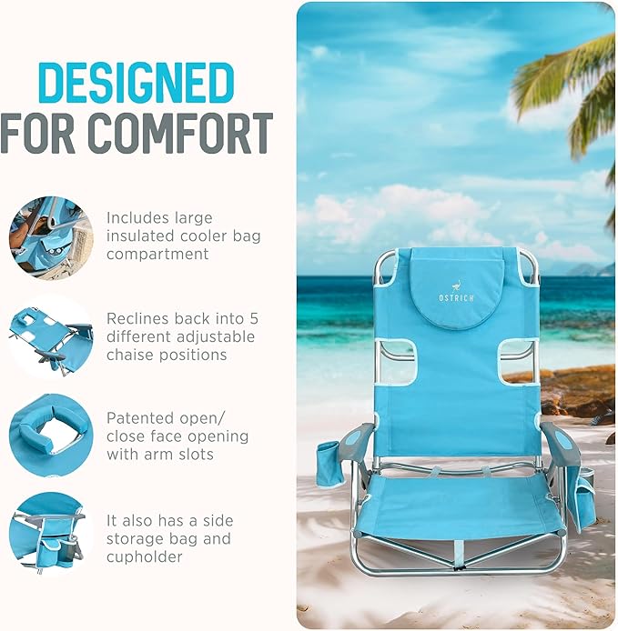 Ostrich The Deluxe Backpacker Portable Beach Chair with Cooler Bag Carry Straps Umbrella Carry System Cup Holder &amp 275lb Capacity Light Blue