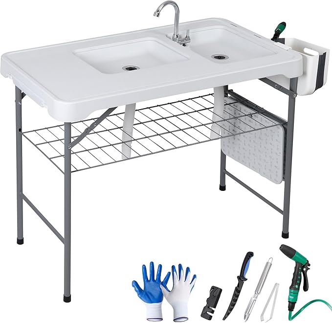 ZENY Fish Cleaning Table with Sink 42.4 Width Portable Folding Camping Table Outdoor Fish Cleaning Station with Grid Rack and Fish Cleaning Kit for Picnic