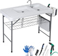 ZENY Fish Cleaning Table with Sink 42.4 Width Portable Folding Camping Table Outdoor Fish Cleaning Station with Grid Rack and Fish Cleaning Kit for Picnic