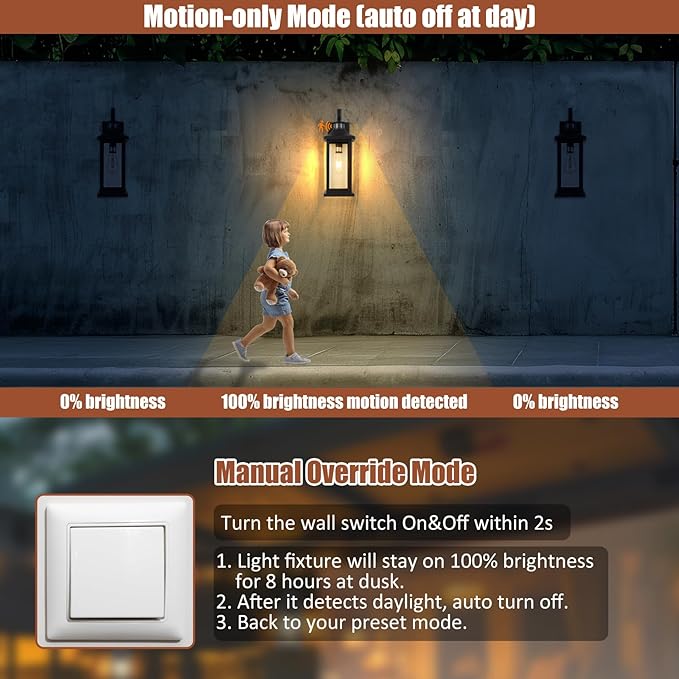 1-Pack 18 Inch Motion Sensor Front Porch Light IP65 Waterproof Large Black Dusk to Dawn Outdoor Wall Lighting for House Exterior Light Fixture Clear Glass Garage Coach Light E26 Bulb Base
