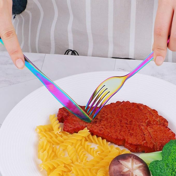 BuyGo Rainbow Silverware Flatware Set 16-Piece Light Weight Stainless Steel Eating Utensil Service for 4 Include Knife Fork Spoon Dishwasher Safe