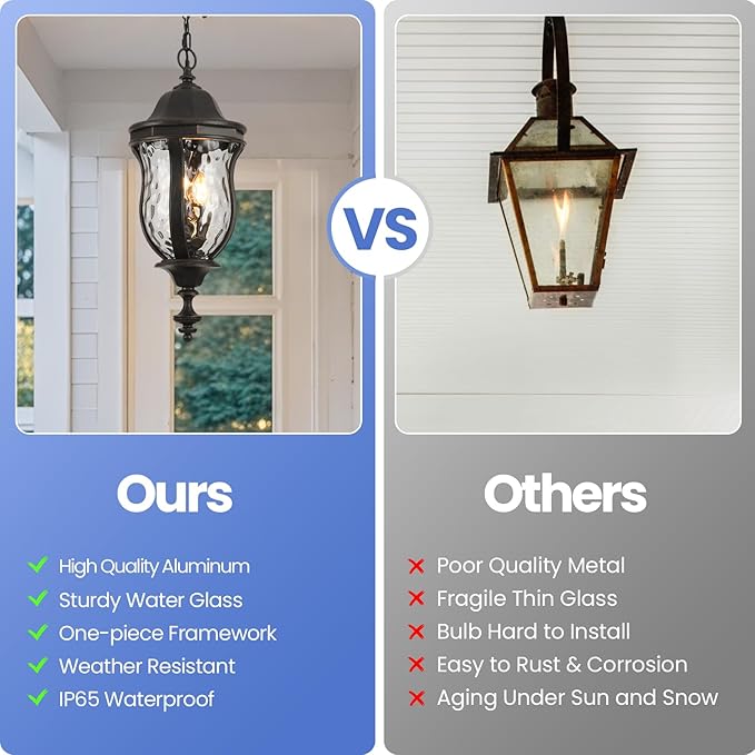 Large Outdoor Pendant Light Fixtures 23.6'' Exterior Hanging Lantern Porch Light Adjustable Black Brush Red Hanging Lamp Farmhouse Exterior Chandelier Ceiling Mount for Entrance Patio