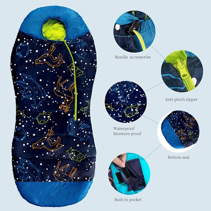AceCamp Glow in The Dark Mummy Sleeping Bag for Kids and Youth Temperature Rating 30°F/-1°C Water-Resistant for Camping Hiking and Slumber Party
