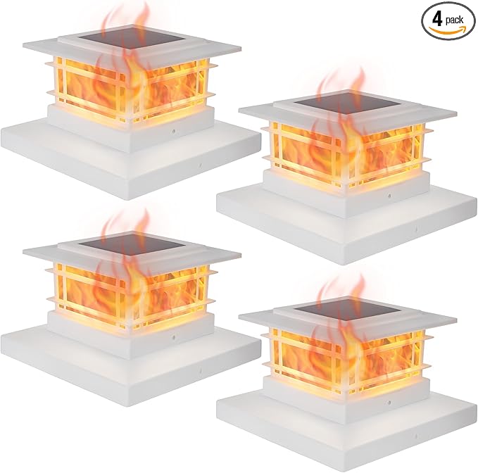 Dynaming 4 Pack Solar Post Cap Lights Outdoor with Flickering Flame Light White Shell Fence Post Solar Lights Fit 4x4 5x5 Vinyl/Wooden Posts Brightness LED Lighting Decor for Garden Deck Patio