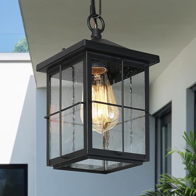 LOG BARN Outdoor Pendant Light Fixture Farmhouse Exterior Lights Anti-Rust Ceiling Outdoor Light with Seeded Glass Lantern Hanging Light for Front Door Entry Porch and Gazebo