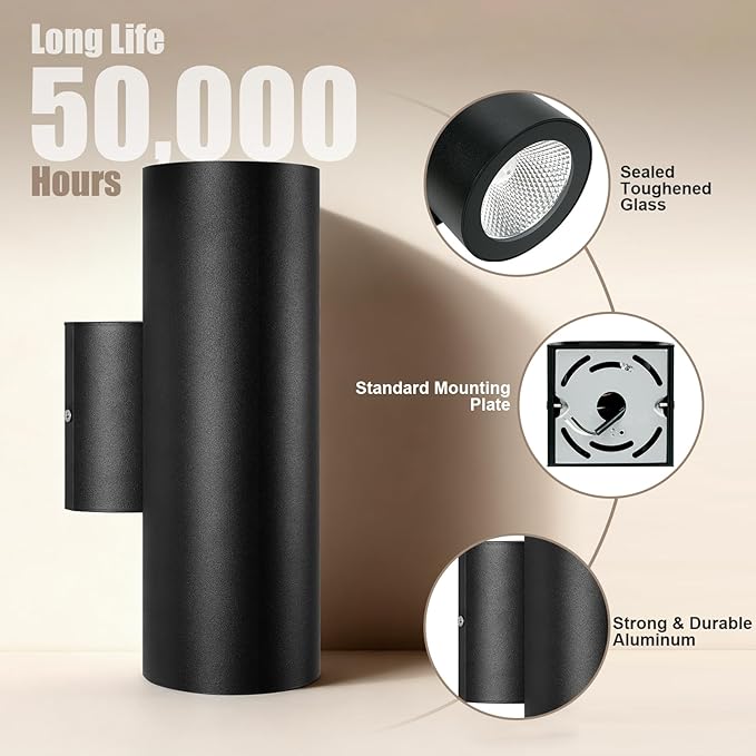 Modern Outdoor Cylinder Wall Lights 10.24 Porch Light 2700K Warm White Up Down Lights Matte Black Waterproof Wall Sconce Aluminum Exterior Light Fixture Wall Mount