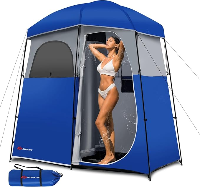 Goplus 2 Room Shower Tent Portable Camping Changing with Floor Drain Detachable Rain Fly Stakes &amp Ropes UV Protection Water Resistant Privacy for Outdoor Toilet Dressing (Blue)