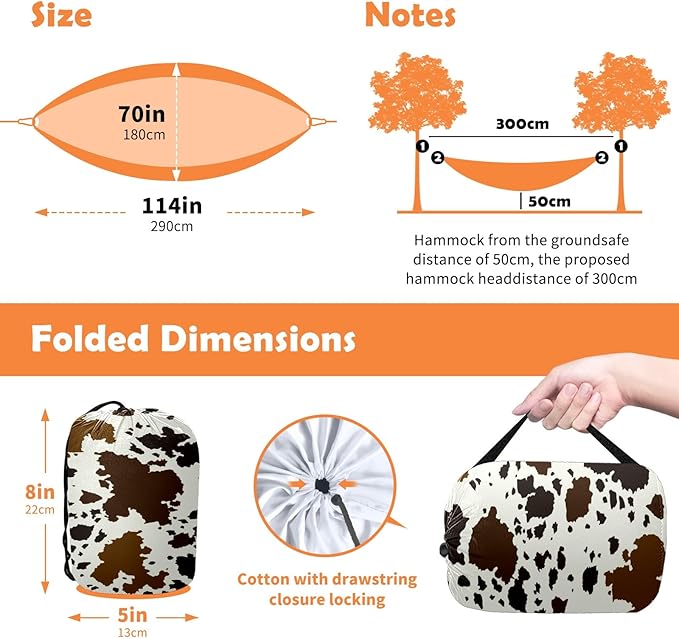 Outdoor Hammock for Camping Western Brown Cow Print Double Single Hammocks with 2 Tree Straps Lightweight Portable Heavy Duty Nylon Hammocks for Backpacking Travel Beach Backyard Patio Hiking