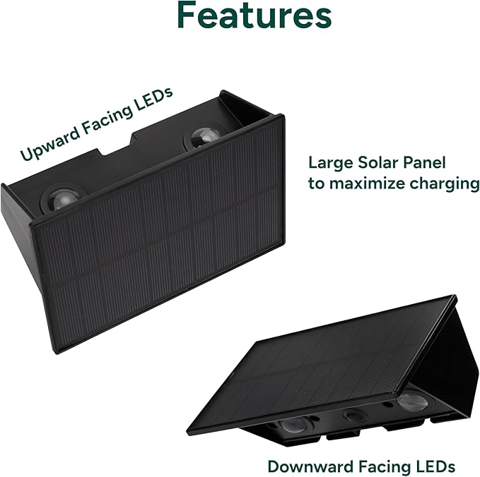 TECHKO Solar Decorative Bi-Directional Outdoor Wall Light - LED IP65 Waterproof Dusk-to-Dawn Easy Installation 2-Pack for Patio Porch Garage Fence Side Walls Walkways and Alleys