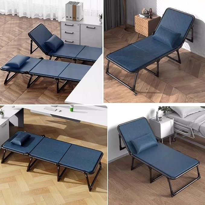Single Camping Cot with Foam Mattress Portable Folding Bed for Sleeping 6-Position Folding Chaise Lounge Chair with Soft Pillow