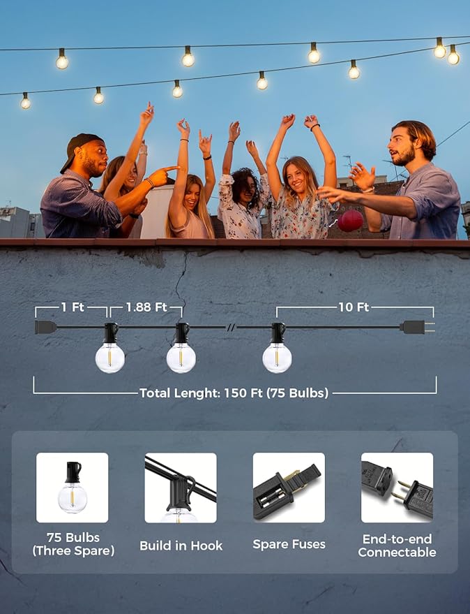 XMCOSY+ Smart Outdoor String Lights 150Ft G40 Globe Patio Lights with 75 LED Bulbs WiFi &amp APP Control Work with Alexa Extendable Waterproof Dimmable LED String Lights for Outside Porch Cafe