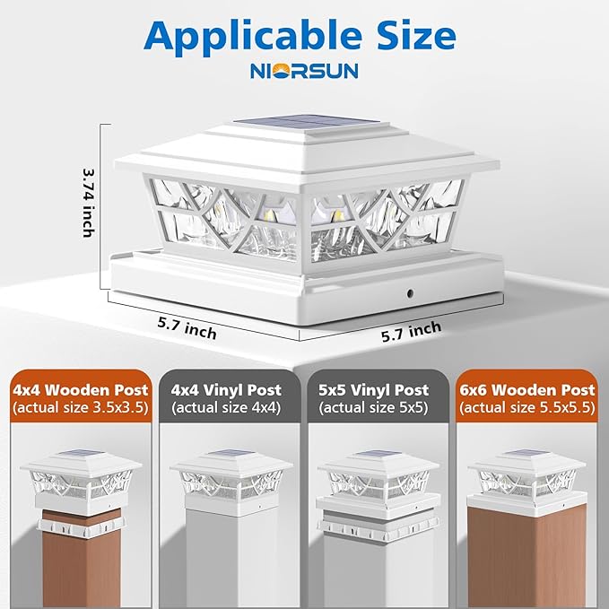 NIORSUN Solar Post Lights Outdoor 4 Pack 2 Modes LED Deck Fence Post Solar Lights for 3.5x3.5 4x4 5x5 5.5x5.5 Caps Patio Garden Decoration White
