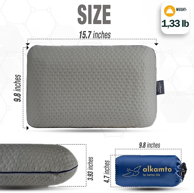 alkamto Travel &amp Camping Comfortable Memory Foam Pillow – Easy to Carry Portable Bag – Temperature Regulating Pillow Case (Grey)