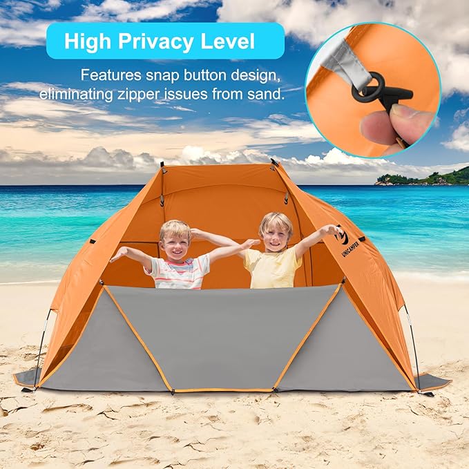 Beach Tent 2-3 Person Sun Shelter UPF 50+ with Extended Waterproof Pe Floor &amp 3 Mesh Roll Up Windows Fits Portable Beach Shade Easy Setup for Outdoor Camping Indoor Fishing Yard. (Orange)
