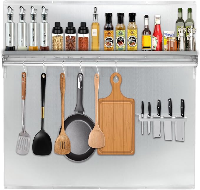 30x30 Stainless Steel Range Backsplash for Stove Hood Wall Mount Panel with Storage Shelf &amp Knife Rack Commercial Backsplash Shield Pre-Drilled Holes for Easy Installation