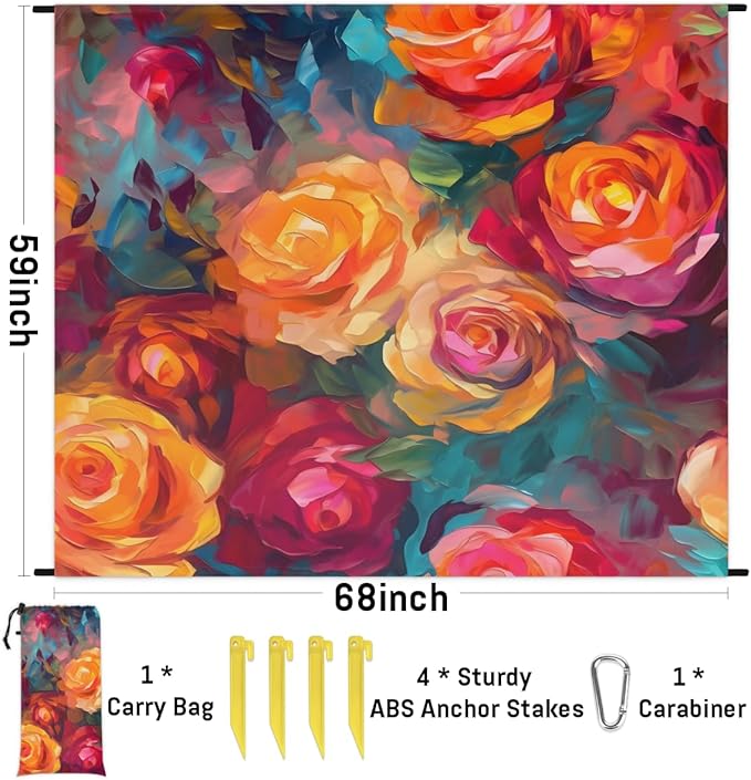 Waterproof Sandproof Beach Blanket 59''×68'' Oil Paintings Polyester Outdoor Picnic Blanket with 4 Stakes &amp Storage Bag for BeachCampingVacation Rose