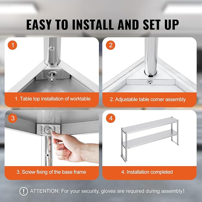 VEVOR Stainless Steel Overshelf 12 x 60 Inch Double Deck Height Adjustable Prep Work Table for Kitchen Restaurant and Workshop