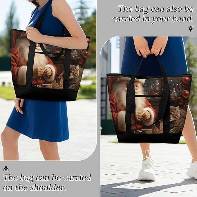 Insulated Shopping BagLarge Reusable Cooler Bags Christmas Santa Claus Sewing Tree Cat Printed Foldable Shopping BagTravel Waterproof Shoulder Bag