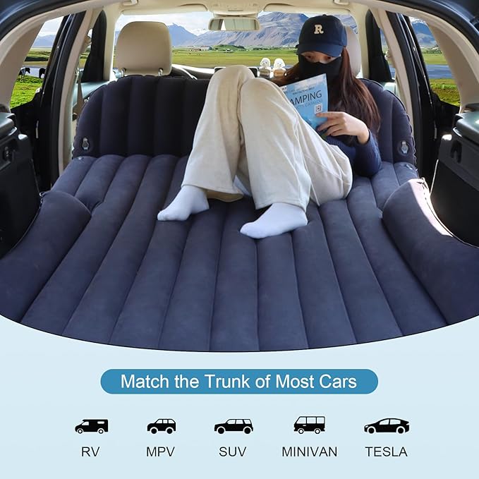 SUV Air Mattress with Double-Sided-Thick FlockedCar Mattress with Pump &amp PillowLeakproof Durable Car Air MattressCar Bed for Auto CampingRoad TripDouble-Sided Flocking（Black+Grey）