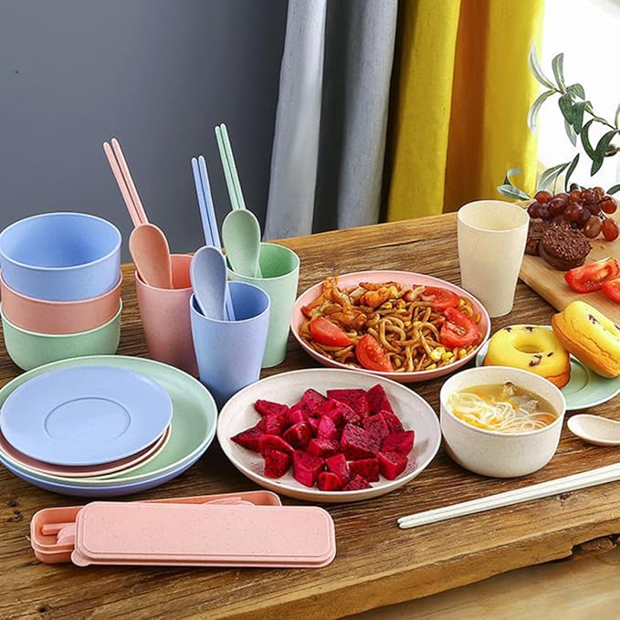HOMSFOU 28pcs Portable Tableware Set with Reusable Spoons Drink Cups Chopsticks and Plates Smooth Food Bowls for Camping Household and Travel Use