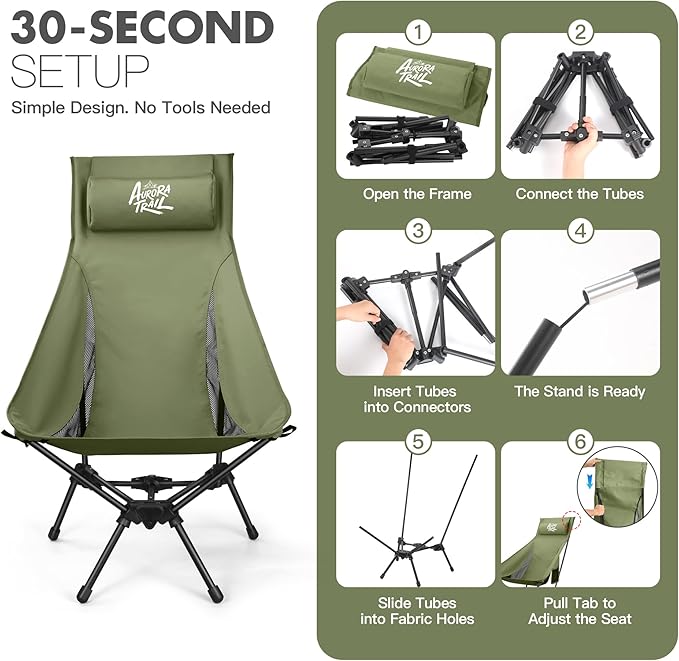 AuroraTrail High Back Folding Camping Chair with Pillow – Lightweight Portable Outdoor Chair with Cup Holder &amp Carry Bag Sturdy Aluminum Frame Supports up to 374 lb for Camping Hiking &amp Fest
