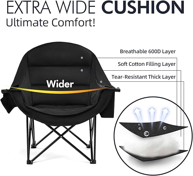 Oversized Camping Chair for Adults - Heavy Duty Outdoor Padded Large Lawn Camp Chair with Cup Holder Cooler Pockets for Sports Beach Fishing Garden Portable Supports 500lbs AllBlack 2 Pack