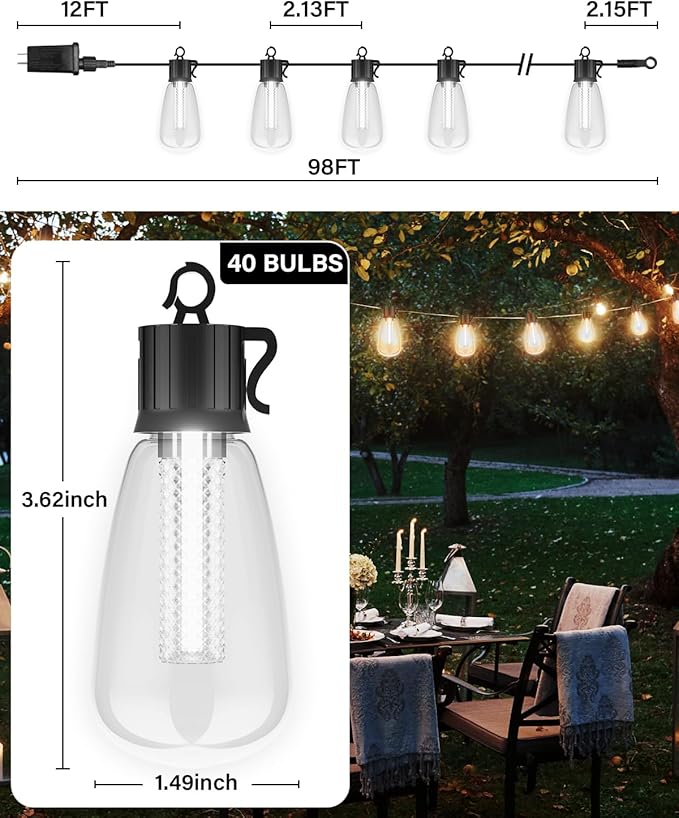 98FT Outdoor String Lights with Remote - Multicolor &amp Warm White 8 Light Modes Timer Waterproof Patio Lights Plug In Dimmable String Lights Shatterproof for Outside Porch Backyard Party