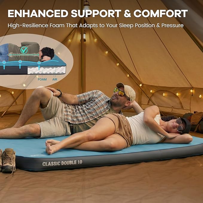FUNDANGO 4'' Thick Self Inflating Sleeping Pad with Foam 8.7 R Value XL Double Mattress Outdoor Portable Camping Air Mat for Tent Car or Home
