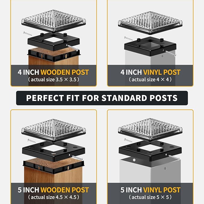 Glass Solar Post Cap Lights with Crystal Style - Decorative Deck Fence Lights for 4x4 5x5 Posts Hidden Solar Panel Modular Design 10Hr Runtime IP65 Warm White Black 2 Pack
