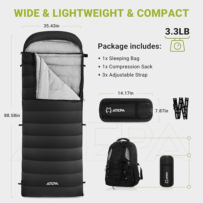 ATEPA 3-in-1 Hybrid Down Sleeping Bag for Adults Lightweight 3 Season Wearable Backpacking Sleeping Bag with Pad Attachment &amp Compact Compression Sack for Spring Summer Fall Car Camping 30°F 45°F