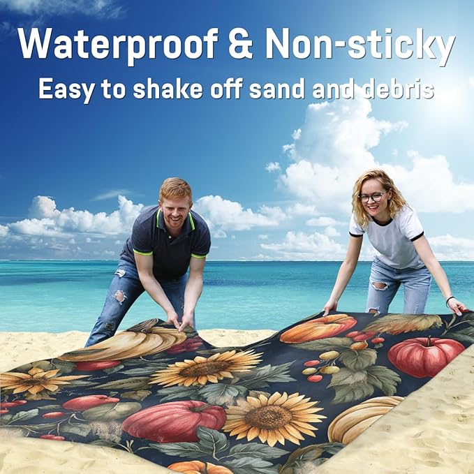 Waterproof Sandproof Beach Blanket 59''×68'' Sunflower Pumpkin Polyester Outdoor Picnic Blanket with 4 Stakes &amp Storage Bag for BeachCampingVacation Food