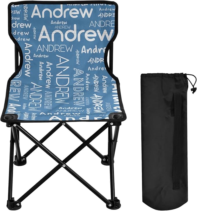 Sinestour Steel Blue Custom Folding Camping Chair for Teen Child Personalized Name 14.6×14.6in Portable Outdoor Chair with Carry Bag for Travel Picnic Barbeques