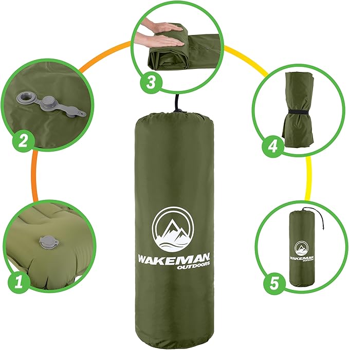 Sleeping Pad for Camping - Inflatable Mat with Built-in Foot Pump - Waterproof Camp Mattress - Camping Gear Must Haves by Wakeman Outdoors (Olive)
