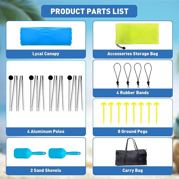 Beach Tent Sun Shelter 10x10ft Beach Canopy Easy Pop Up Sun Shade Portable UPF50+ with 8 Sandbags-2 Sand Shovel-4 Aluminum Poles-Ground Pegs for Outdoor Family Camping Fishing Backyard Picnic
